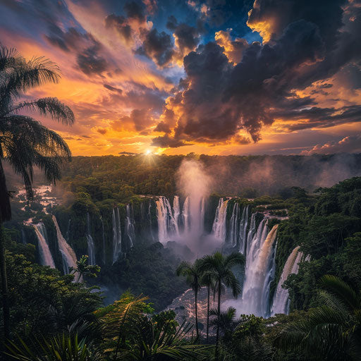 Iguazu Falls under a vibrant sky with lush surroundings