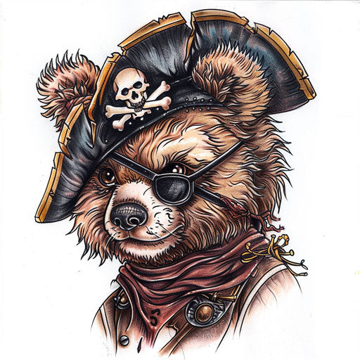 Teddy bear pirate tattoo design with hat and eye patch on white background