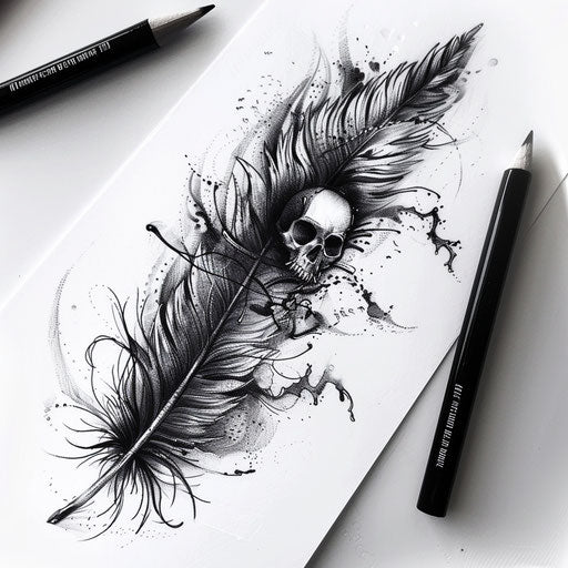 Gothic feather tattoo design with dark elements and skulls