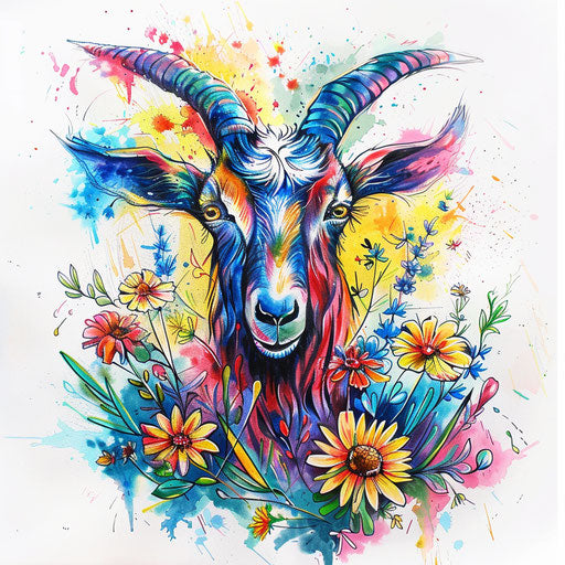 Colorful goat surrounded by wildflowers