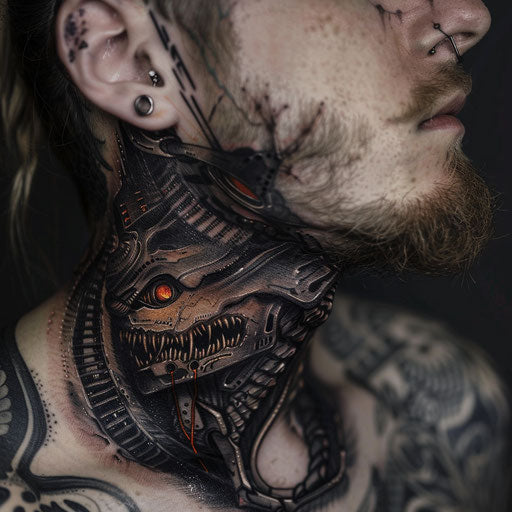 Throat tattoos with sci-fi aesthetics