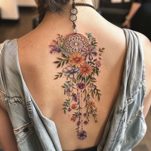 Wildflower tattoo with dreamcatcher, intricate details, soft pastels, bohemian