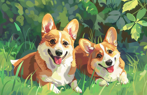 Two corgi dogs sitting in the grass, light maroon and amber