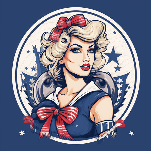 A female sailor with an anchor as her flag and star stickers, in the style of Al Capp, sketchy