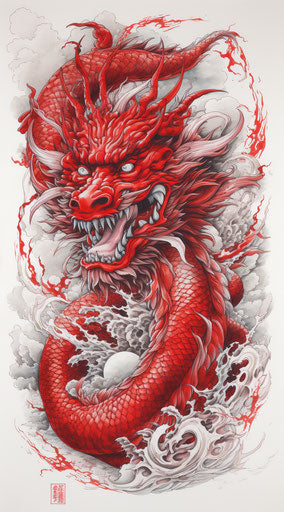 Red dragon, Chinese print, classic tattoo, negative space