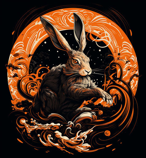 Icon of jumping rabbit on black, neotraditional style