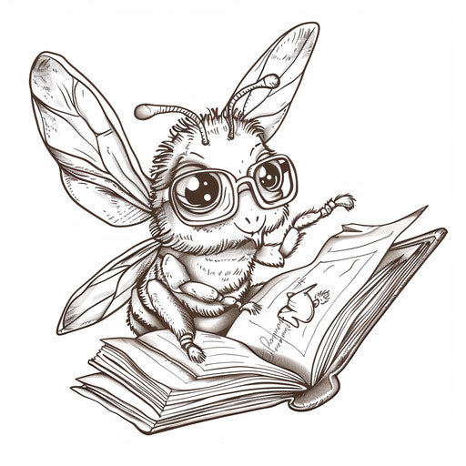 Whimsical bee reading a book