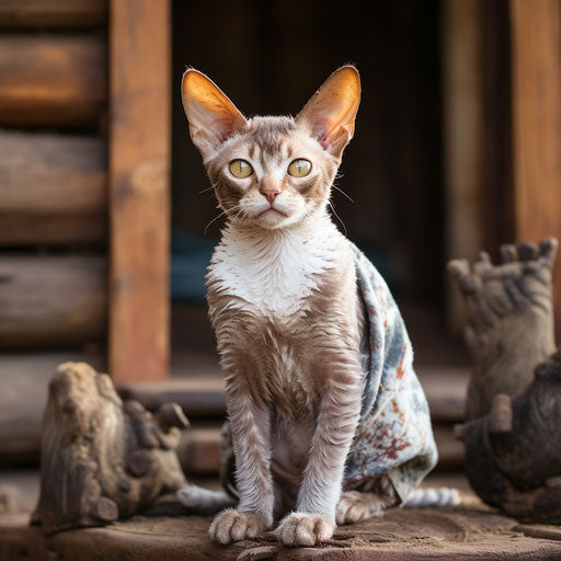 Devon Rex cat sitting in front of a log cabin