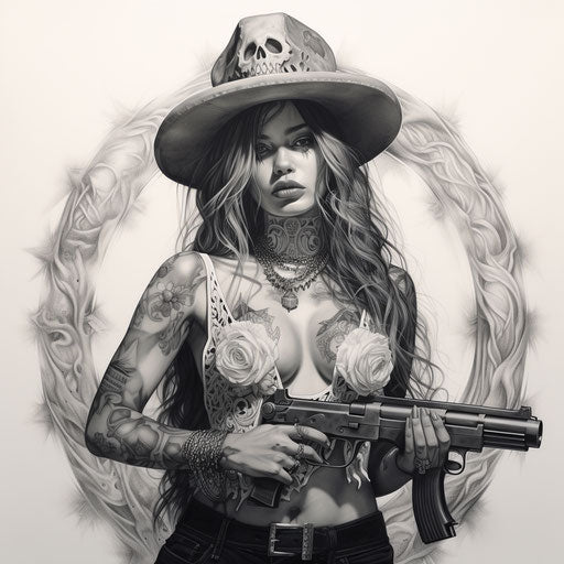 Tattoo of a zombie girl with two guns