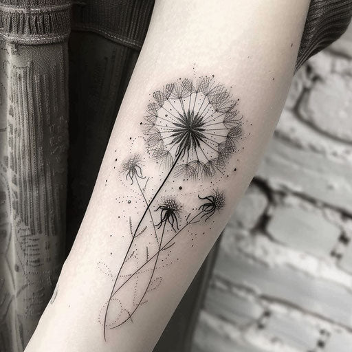 Blackwork dandelion tattoo on a white background