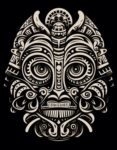 Embroidered ethnic tattoo design, monochromatic style, Papua New Guinea art, robotic motifs