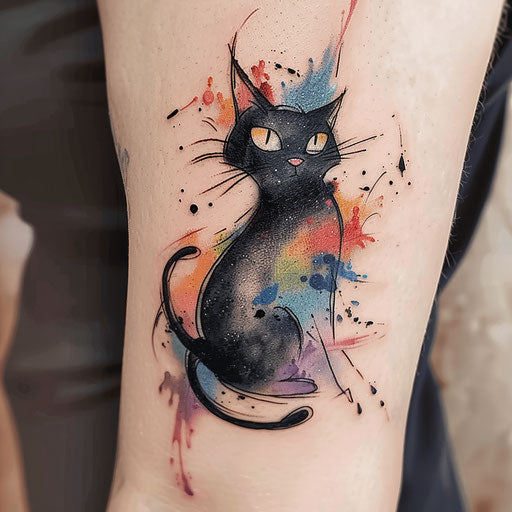Watercolor black cat tattoo with color splashes on white