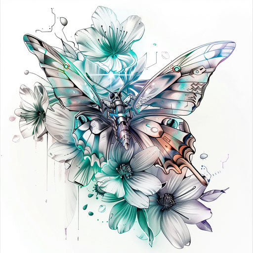 Biomechanical butterfly merging with futuristic flowers, unique tattoo design, on a white backdrop.