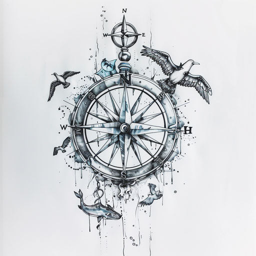 Marine compass rose with nautical symbols in tattoo