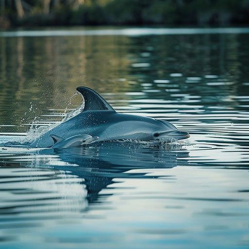 Peaceful scene of a mother dolphin with her calf in a calm lagoon