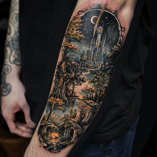 Fantasy landscapes patchwork tattoo in the style of J.P. Targete