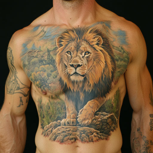 Proud lion chest tattoo on rocky cliff