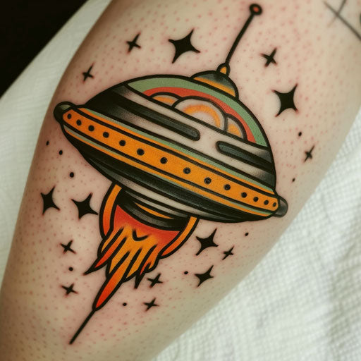 Traditional American style UFO tattoo with retro flying saucer