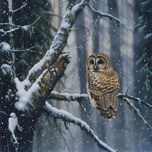 Spotted owl in silent winter snow
