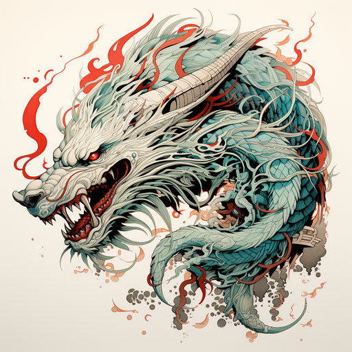 Dragon tailed head with long hair in white drawing