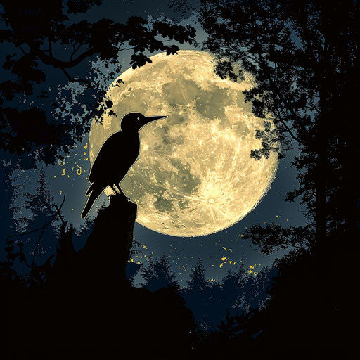 Woodpecker in silhouette under the moon in the forest