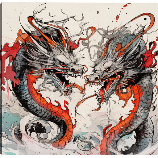 Two Chinese dragons with words Aikido art, Jim Mahfood style