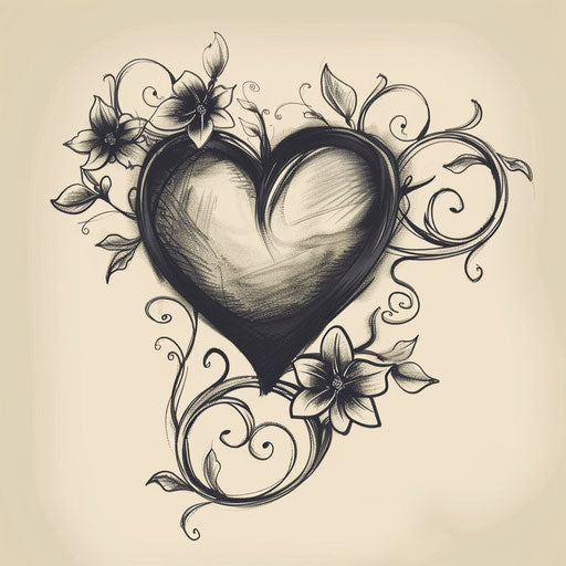 A stylish flat tattoo sketch featuring a black heart surrounded by swirling floral vines