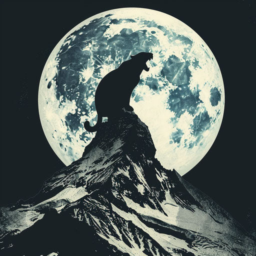 Snow leopard howling in front of a full moon on a snowy peak