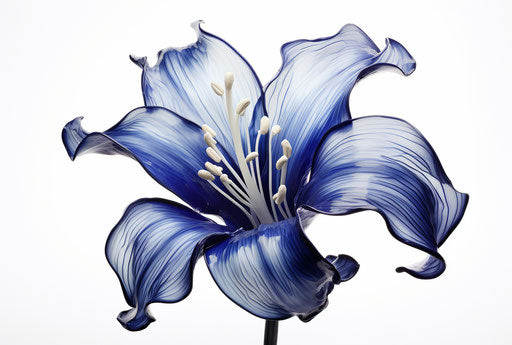 Japanese blue lily flower in the style of Magnaldo, Baars, Schatz, red and indigo, ink-washed, white background, jewelry by painters and sculptors