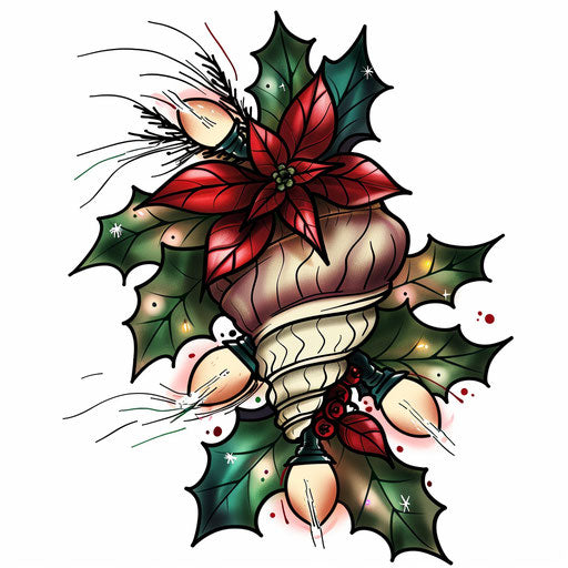 Festive shell with Christmas lights and holly, clipart style