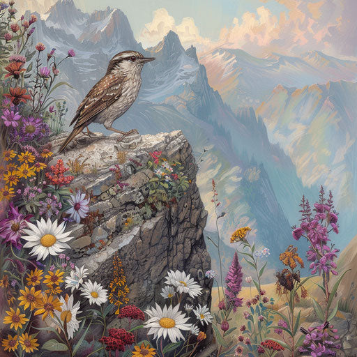 Wall creeper bird perched on rugged mountain cliff surrounded by wildflowers