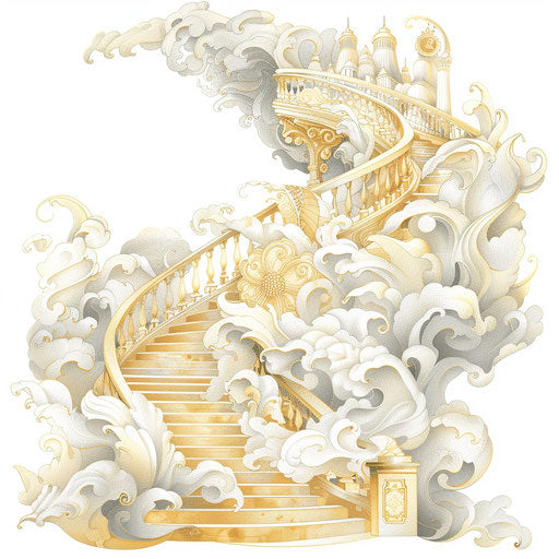 Whimsical flat tattoo sketch of a fairy tale spiral staircase, creamy whites and golds, clipart design