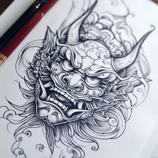 Detailed oni mask tattoo, traditional Japanese style
