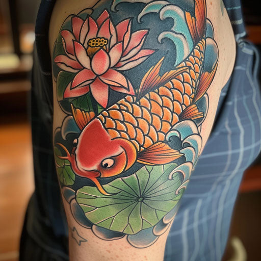 Traditional Japanese style tattoo of koi and lotus flowers on flat white background