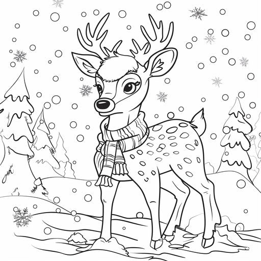 Cartoon deer with scarf in the snow