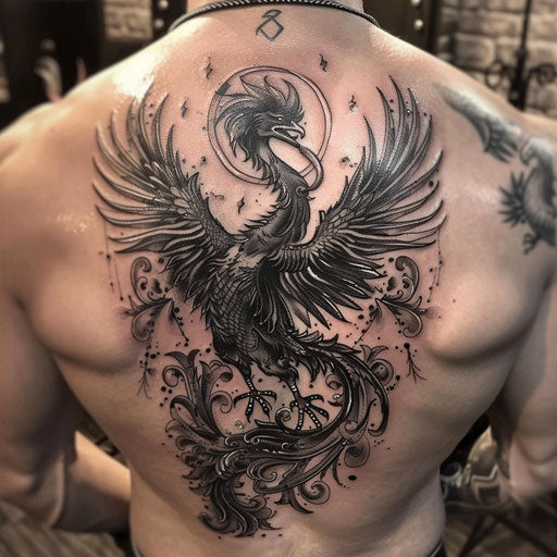 Mythical phoenix tattoo rising from ashes