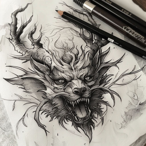 Bold flat tattoo sketch of a Wendigo's face