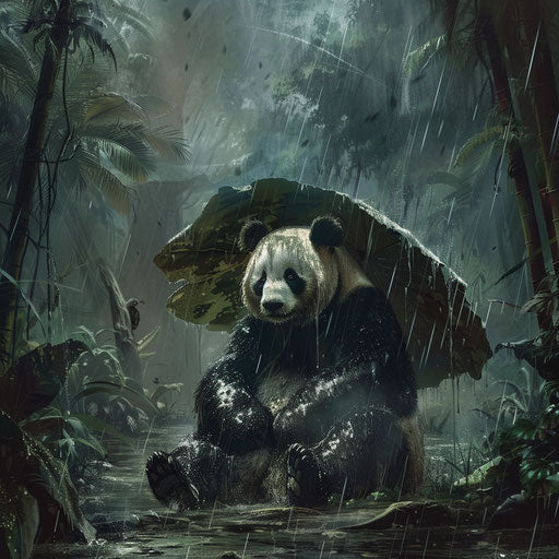 Panda sheltered from rain in dense jungle
