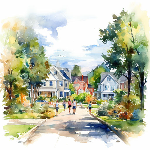 Neighborhood clipart in the style of Impressionistic Art, on white background