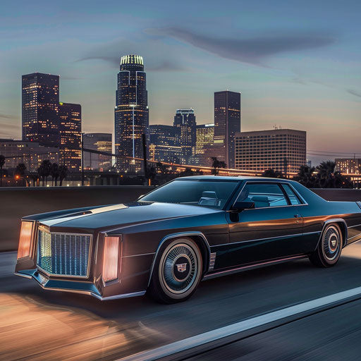 High-end electric vehicle based on 83 Cadillac Coupe DeVille in smart city setting
