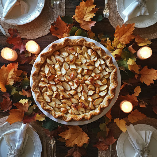 Thanksgiving table setting with beautiful apple pie as centerpiece