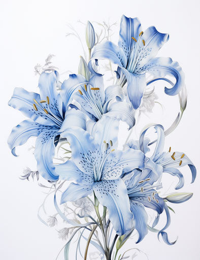 Blue drawing of lilies, detailed linework style, detailed miniatures 43:56