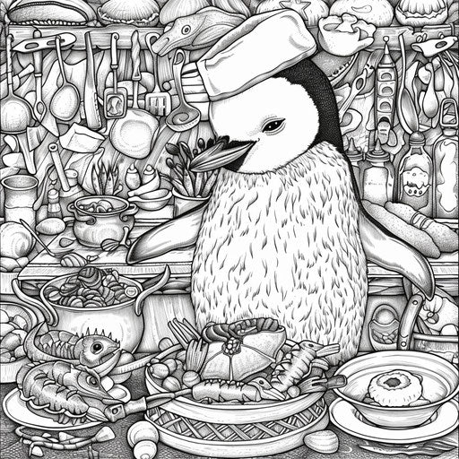 Whimsical penguin chef cooking a seafood feast