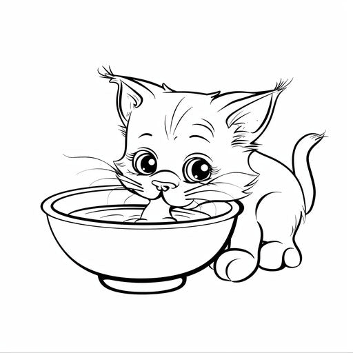 Cartoon Cat Drinking Milk from Bowl. Coloring Page