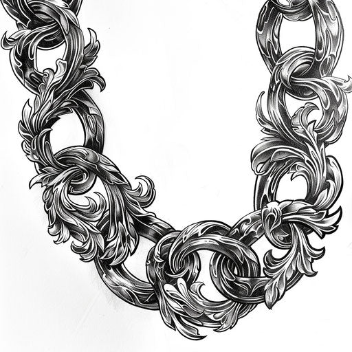 Renaissance-inspired chain tattoo, with elaborate scrollwork, sketched in charcoal on a white backdrop.