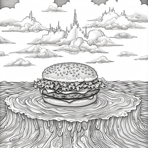 Burger floating on a raft of lettuce in a pool of sauce