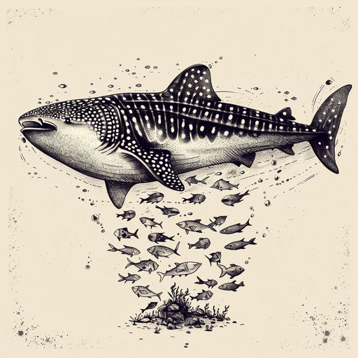 Tranquil tattoo sketch of a whale shark peacefully swimming with a school of fish