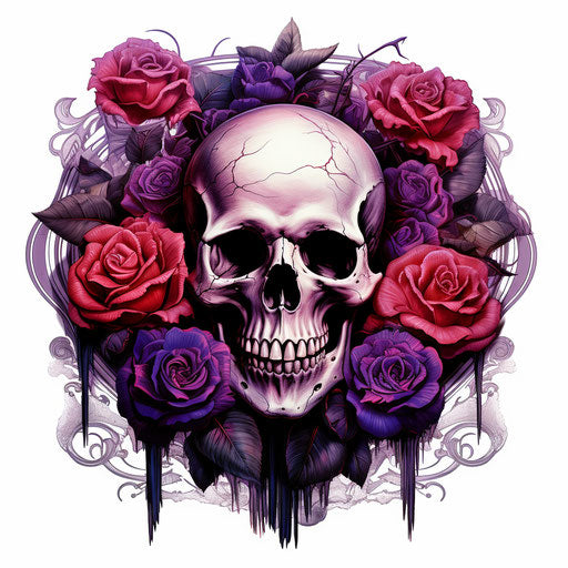 Skull with roses and tattoo design, light red and dark purple
