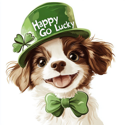 Adorable puppy in green hat with lucky shamrock