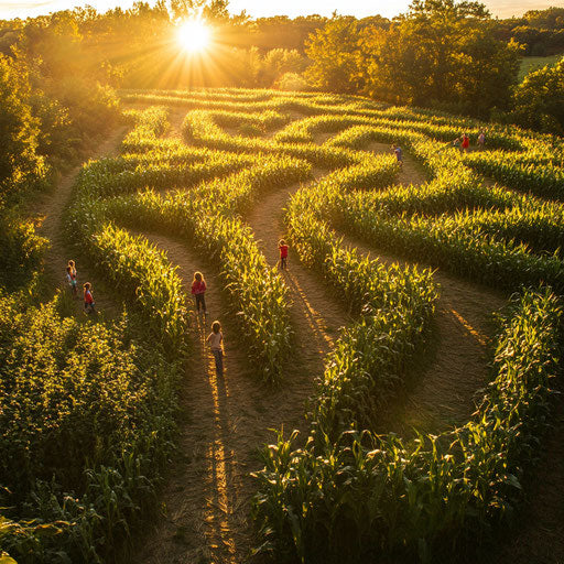 Corn maze at dusk with children laughing